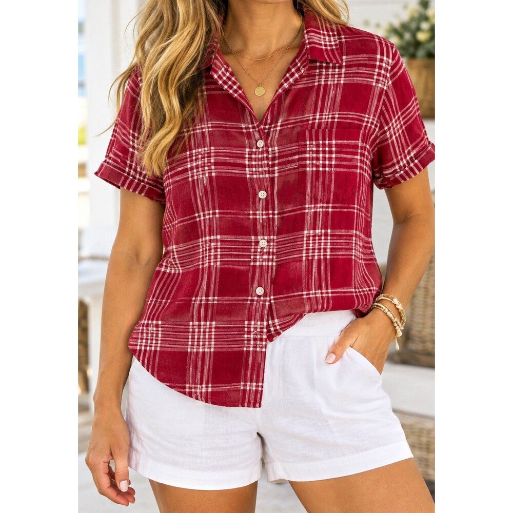 Lauren Ralph Lauren Womens M 100% Linen Red Plaid Button Shirt Cottagecore